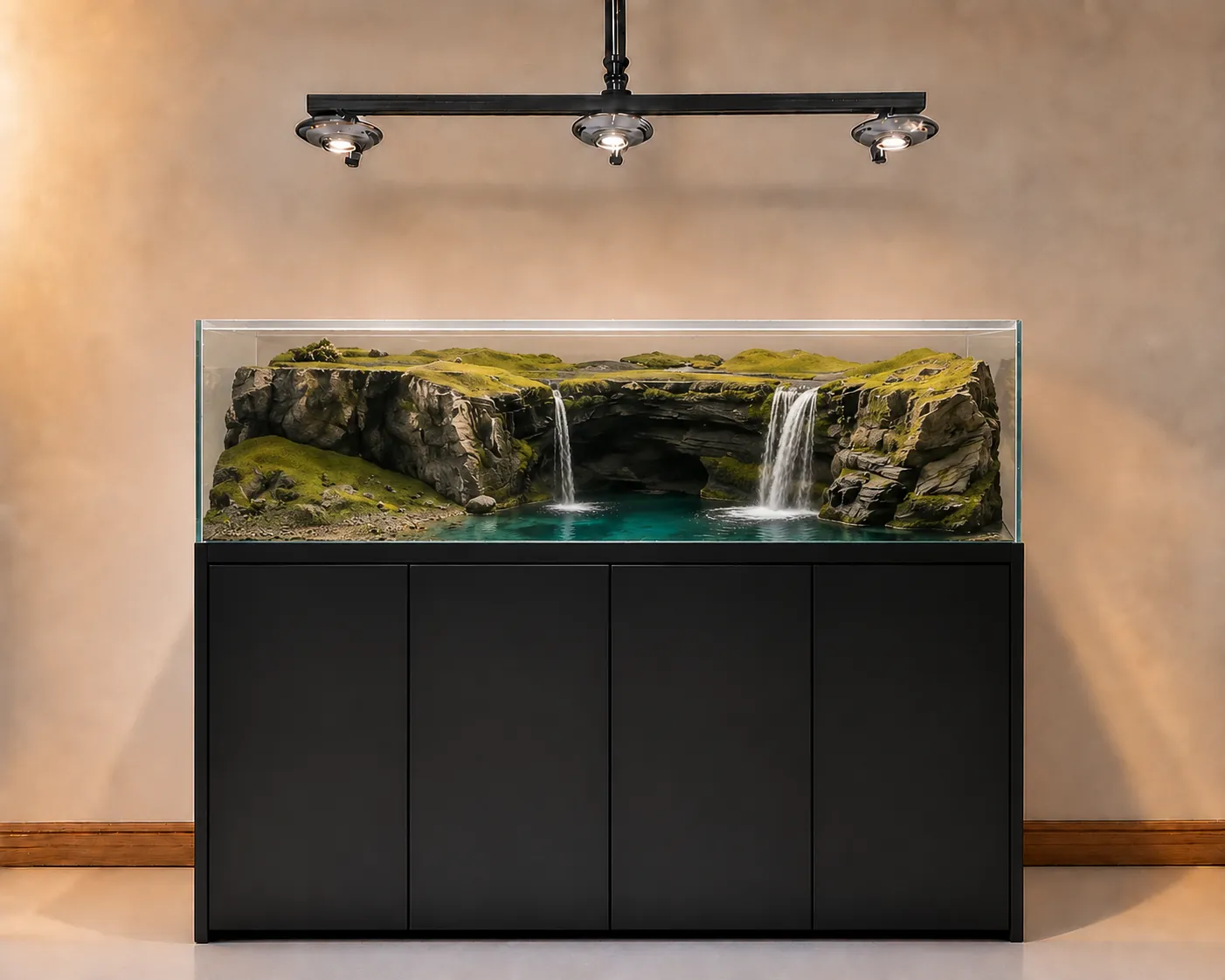Custom artificial-plant aquascape aquarium integrated into a refined interior