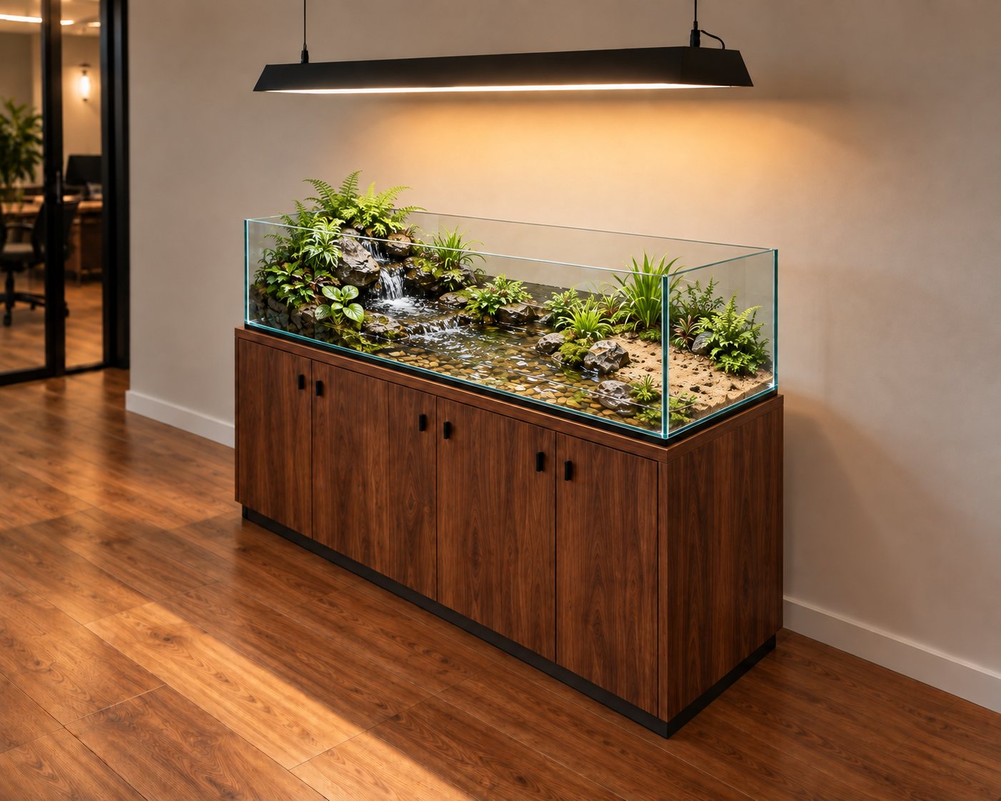 Complete aquarium and cabinet system with concealed circulation equipment 4