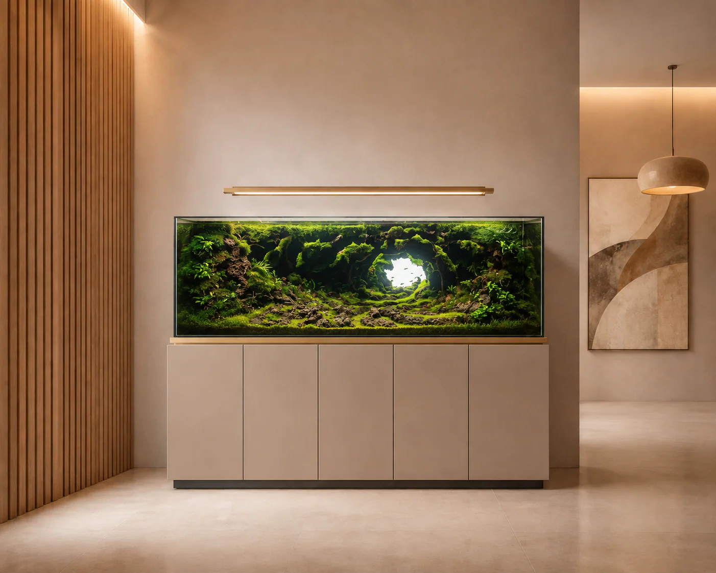 Aquarium aquascapé sur mesure avec plantes artificielles