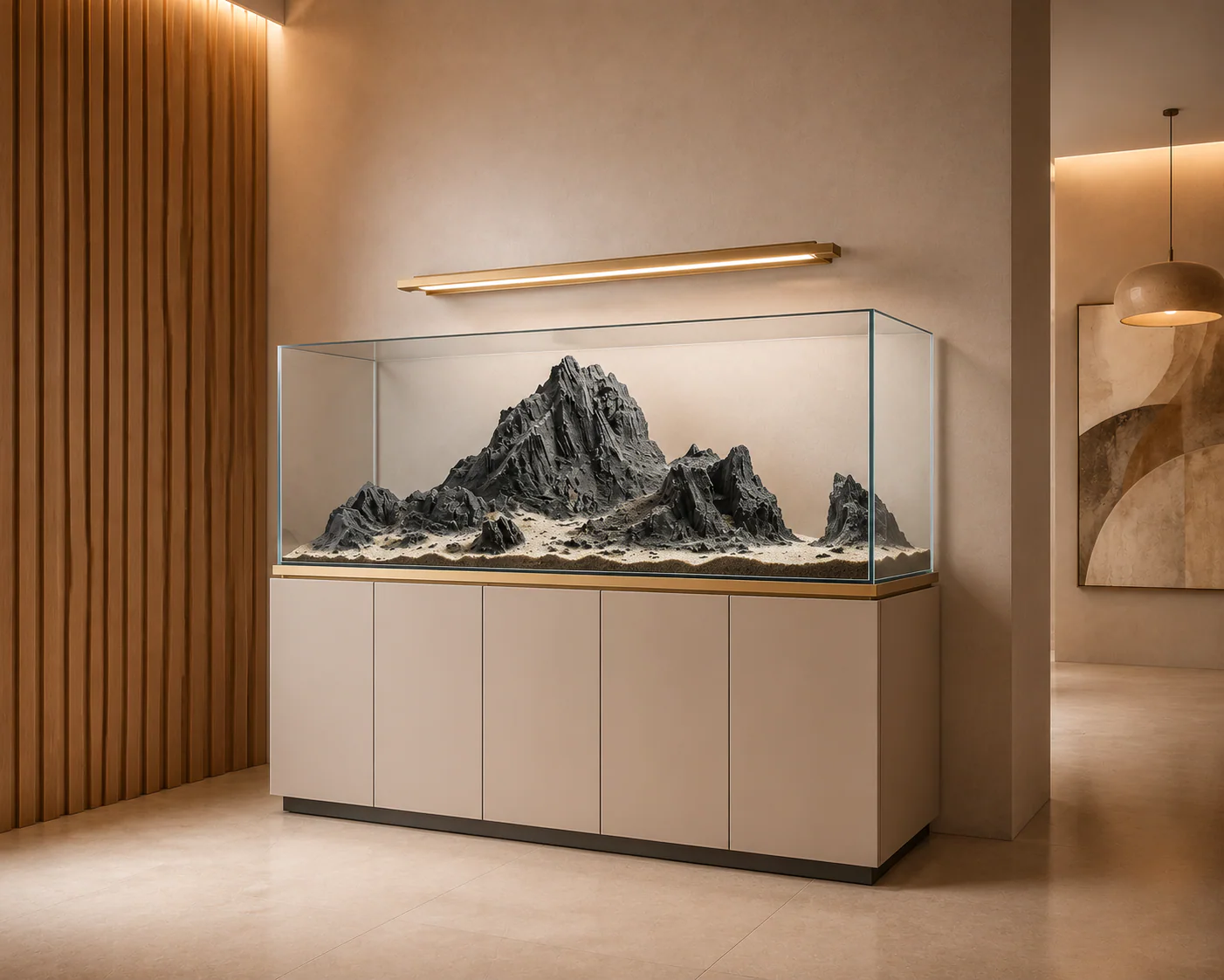 Custom artificial-plant aquascape aquarium integrated into a refined interior