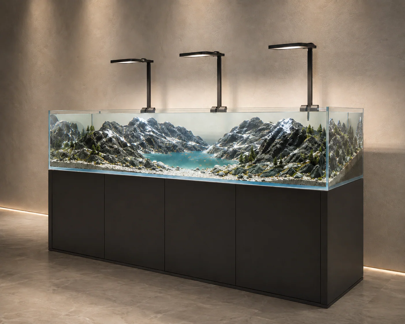 Custom artificial-plant aquascape aquarium integrated into a refined interior 2
