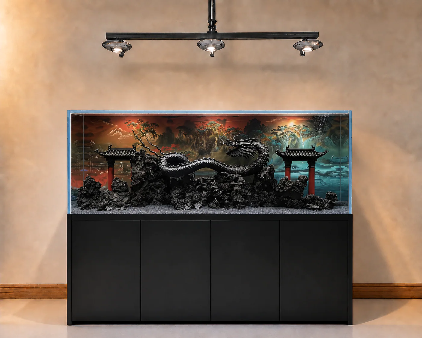 Custom artificial-plant aquascape aquarium integrated into a refined interior 3