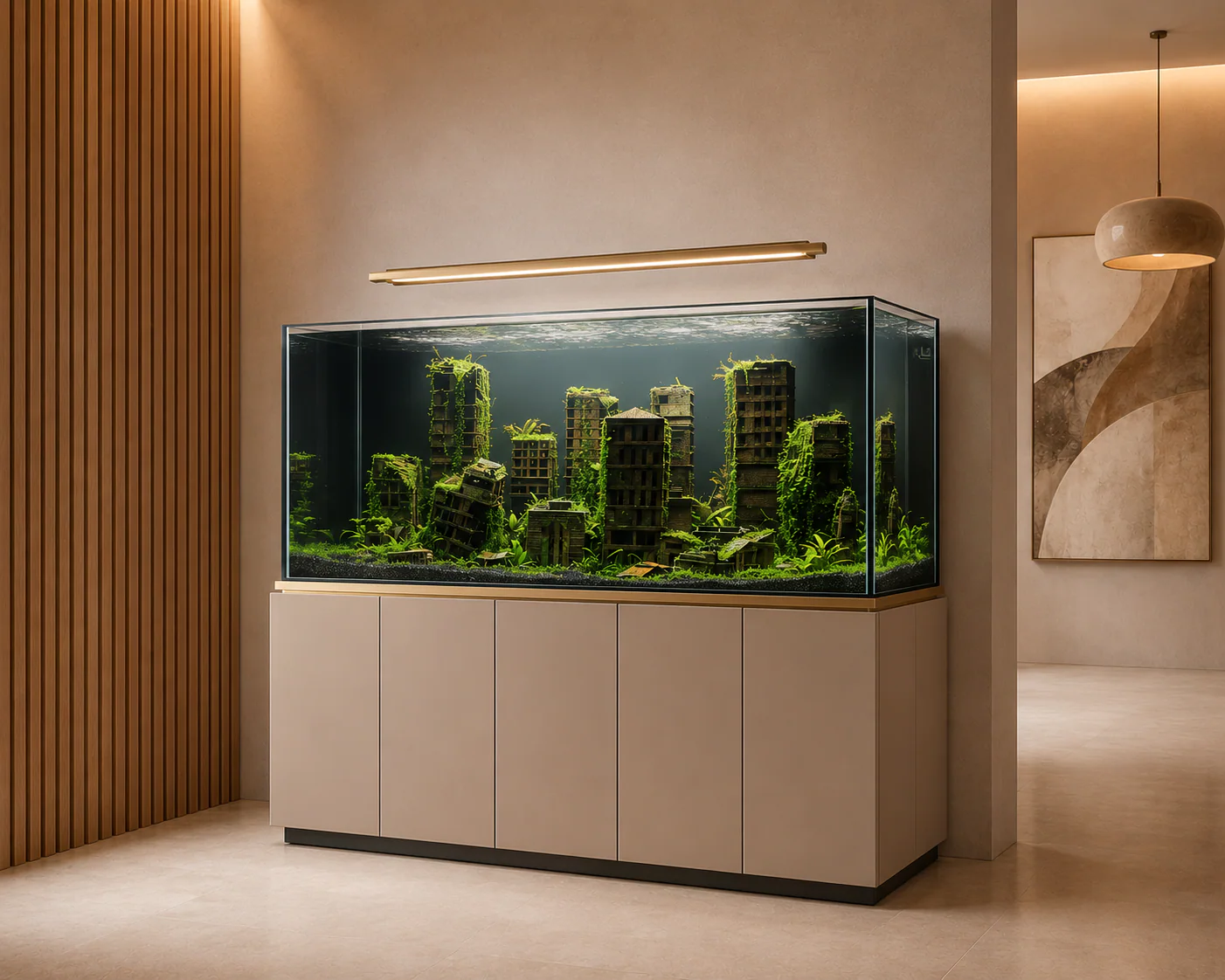 Custom artificial-plant aquascape aquarium integrated into a refined interior 4