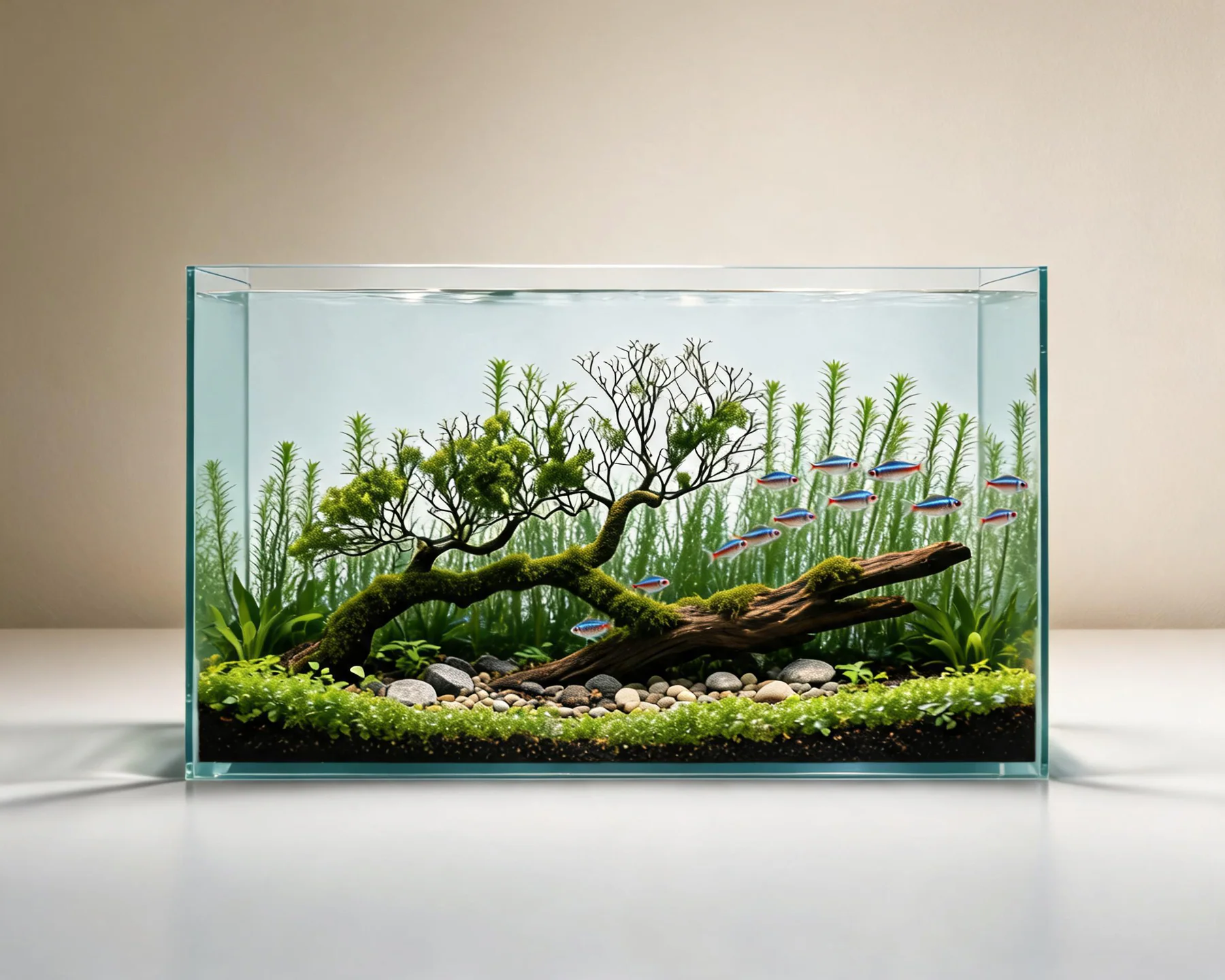 Low-reflection glass aquascape aquarium with artificial plants and polished edges